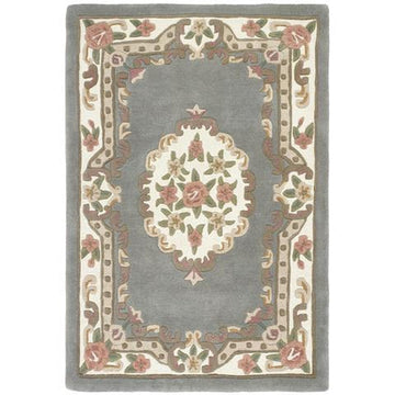 Shensi Traditional Floral Aubusson Medallion Border French-Style Hand-Carved Hi-Low Textured Soft Durable Wool Grey Rug-Origins-Rug Love - The Most Loved Rug Store